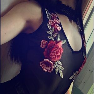 Floral Mesh Lace Embroidered Rose Choker Bodysuit Top